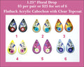 Six pairs of 1.25 inch UV-printed acrylic floral drop cabochons (cabs) in black, cream, gold, pink and blue