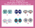 Six pairs of 1 to 1.5 inch floral cabochons (cabs) in mixed shapes with folk florals on turquoise, navy and white