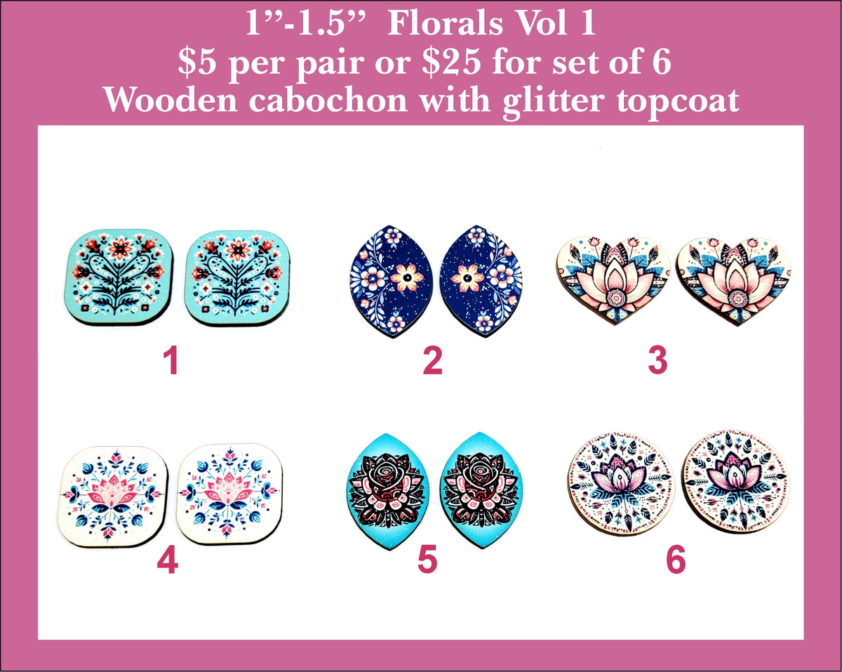 Six pairs of 1 to 1.5 inch floral cabochons (cabs) in mixed shapes with folk florals on turquoise, navy and white
