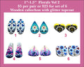 Six pairs of 1 to 1.5 inch floral cabochons (cabs) in mixed shapes with blue folk florals, purple fireweed and sunflowers