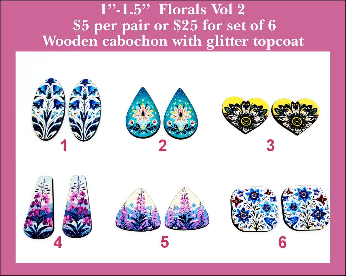Six pairs of 1 to 1.5 inch floral cabochons (cabs) in mixed shapes with blue folk florals, purple fireweed and sunflowers