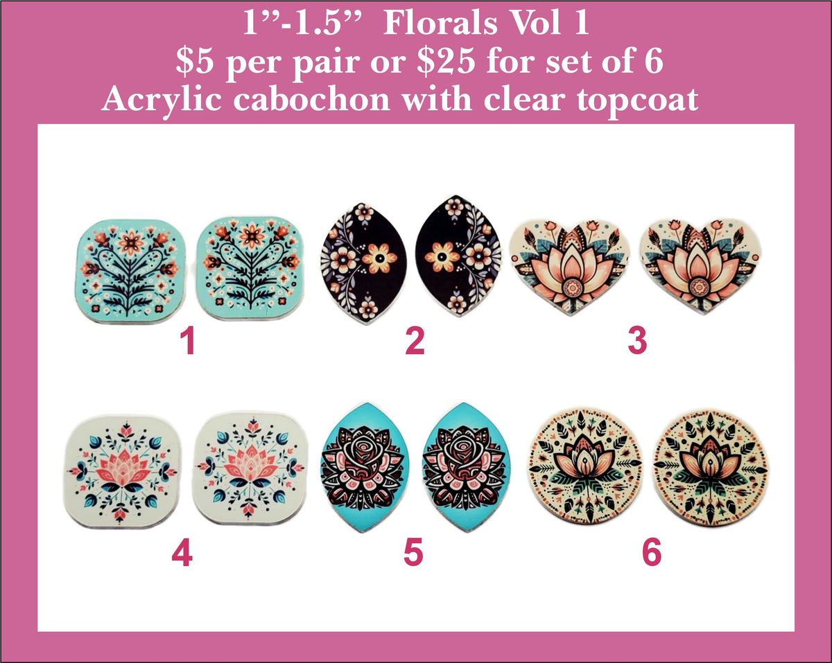 1'' to 1.5'' Florals Vol 1, UV Printed Acrylic Cabochons