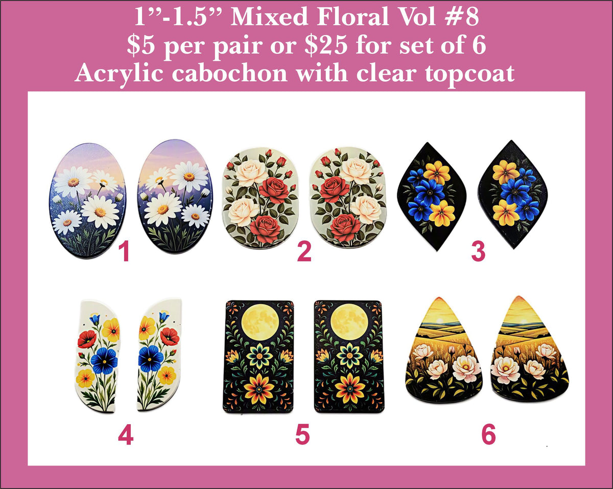 1'' to 1.5'' Florals Vol 8, UV Printed Acrylic Cabochons