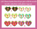 Six pairs of 1.25 inch heart cabochons (cabs) with bright flower garden prints and a glitter topcoat, designs 1 to 6