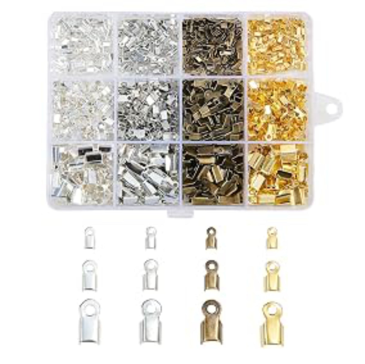 Case of fold over cord ends in silver, steel, bronze and gold, with three sizes shown below