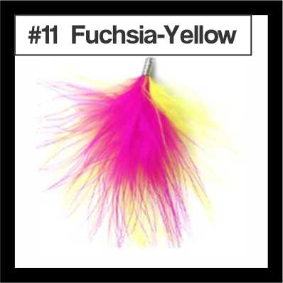 Fluffy 8cm feather tassel blending fuchsia and yellow, with a silver-tone cap, labelled #11