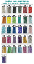 Chart of 31 colour options for ss6 full-colour chain rhinestone banding, with stones matching or contrasting the chain