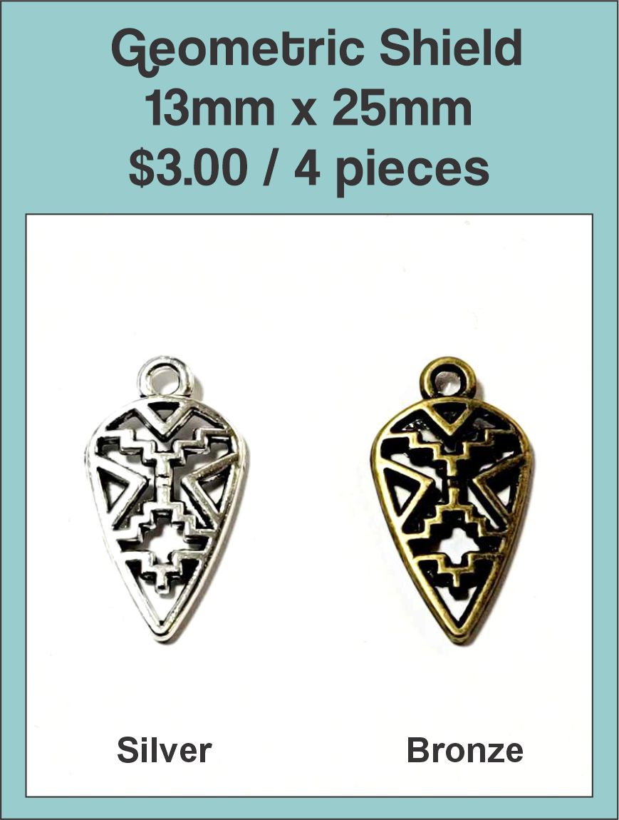 13 x 25mm geometric shield charms with a cut-out pattern in silver and bronze