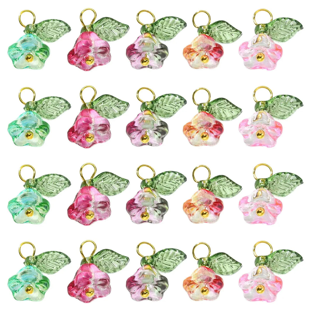 Rows of glass flower and leaf charms in pink, green and red shown in matching sets