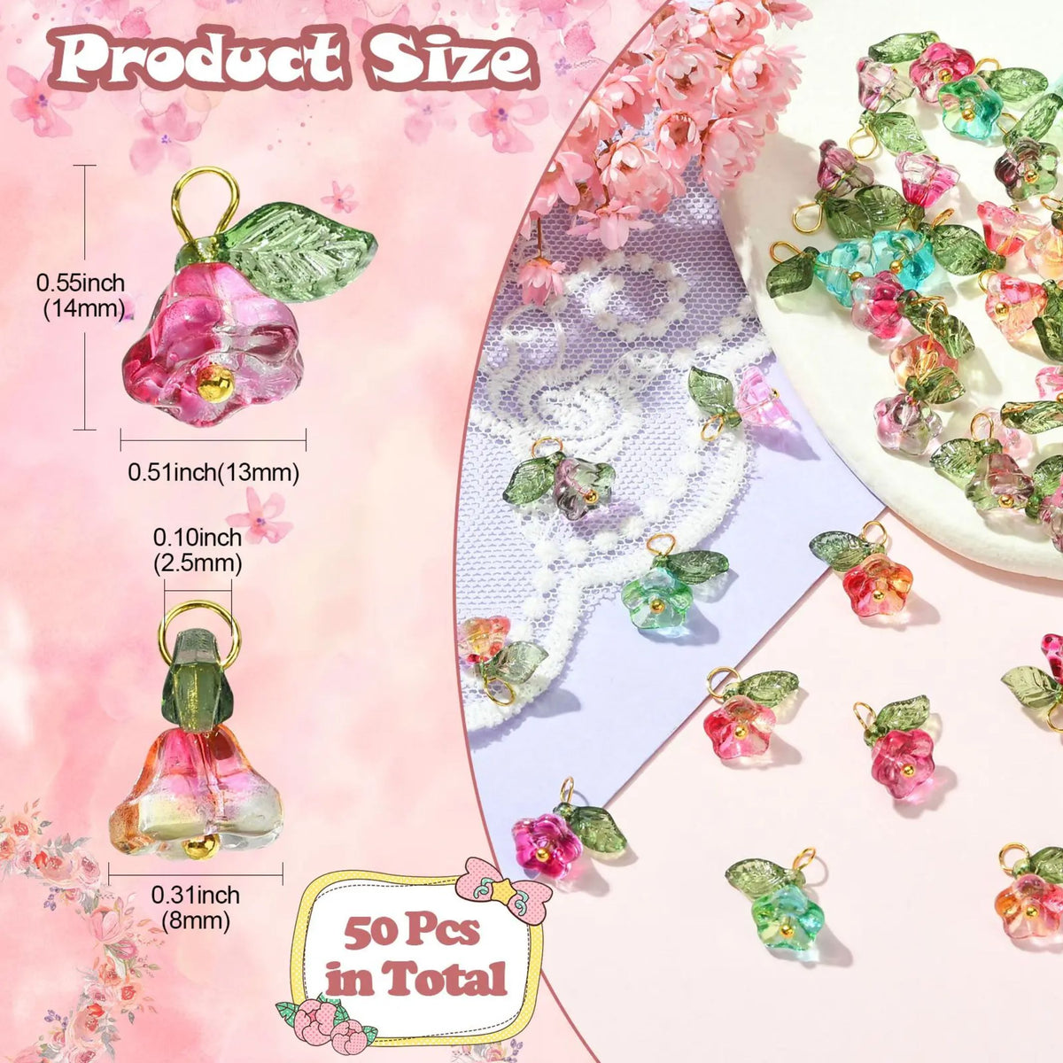 Size diagram for the glass flower and leaf charms, with a '50 pcs in total' note