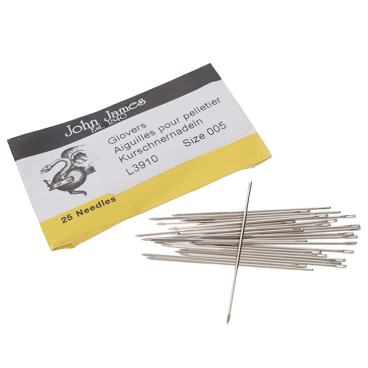 Card of John James glovers needles with loose needles fanned out