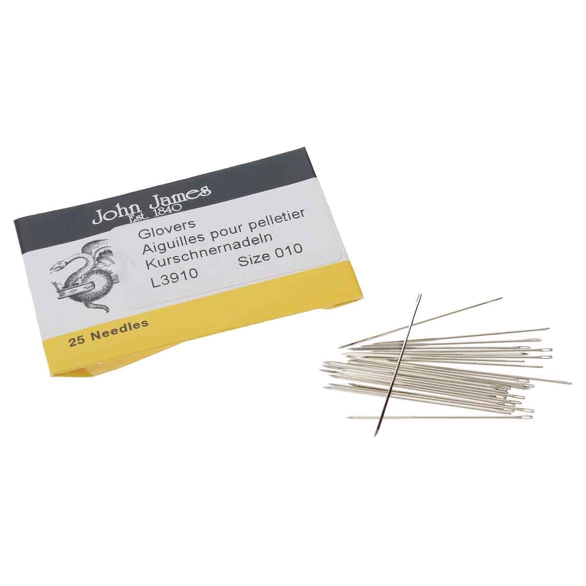 John James glovers needles beside their card, with loose needles fanned out