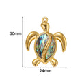 Gold-tone 30 x 24mm turtle pendant with an abalone shell inlay and size markings