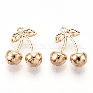 Two gold-tone 14 x 12mm cherry charms with leaf-and-stem loops
