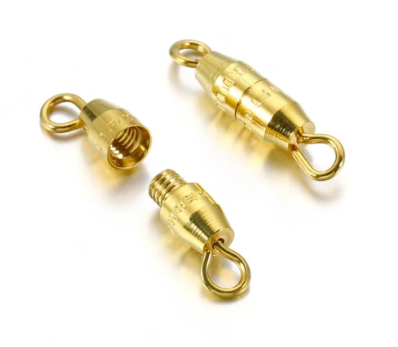 Two gold barrel swivel clasps with a loop at each end, on a white background