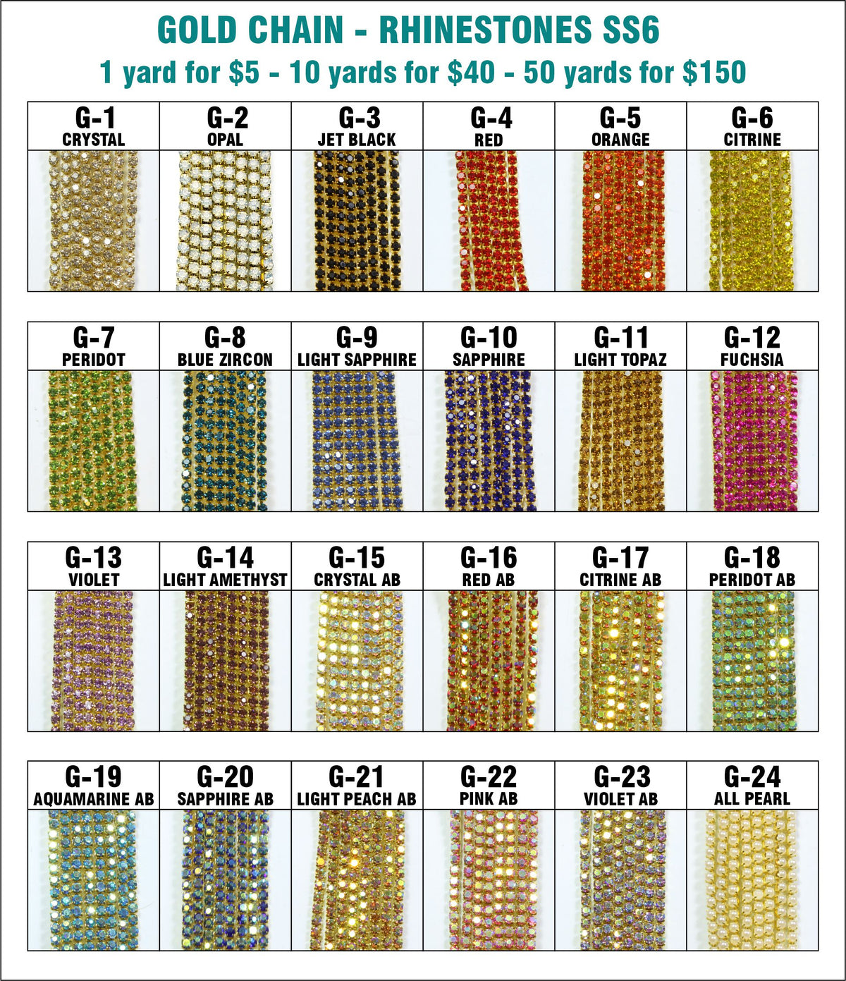 Chart of 24 options for ss6 gold chain rhinestone banding, including crystal, coloured, AB and pearl stones