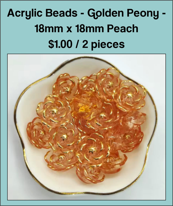 18mm x 18mm Acrylic Bead, Golden Peony - Peach