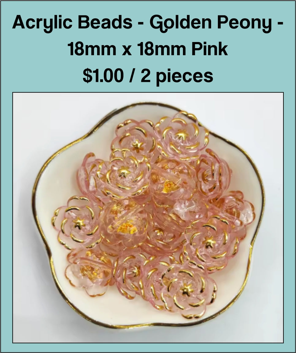 Dish of 18mm pink acrylic peony flower beads with gold-tone edging