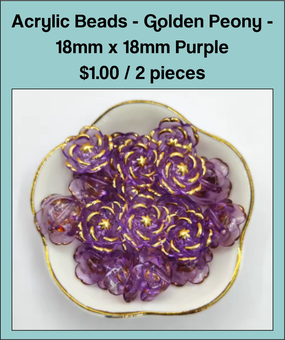 Dish of 18mm purple acrylic peony flower beads with gold-tone edging
