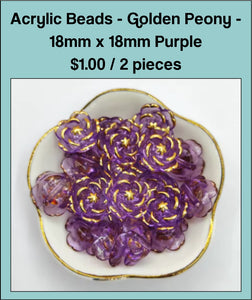 18mm x 18mm Acrylic Bead, Golden Peony - Purple