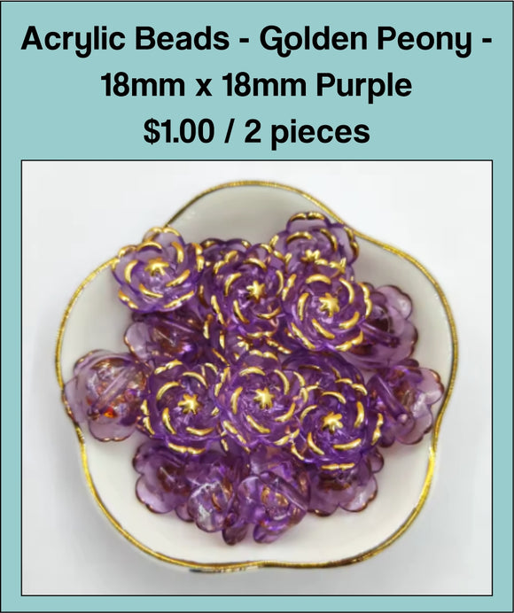 18mm x 18mm Acrylic Bead, Golden Peony - Purple