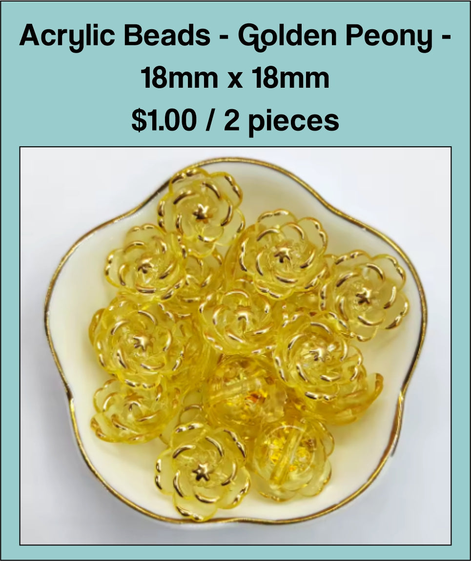 Dish of 18mm yellow acrylic peony flower beads with gold-tone edging