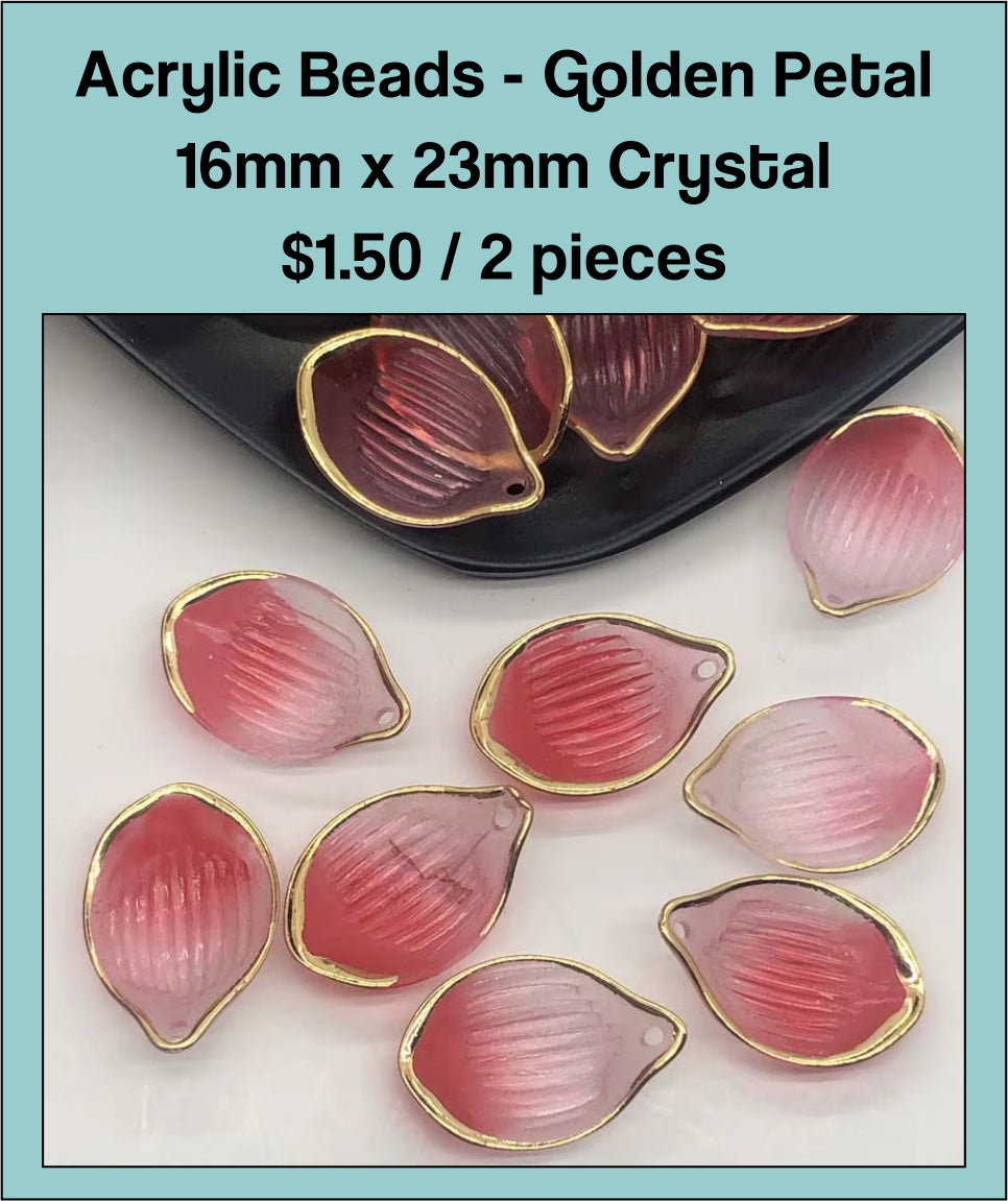Pile of 16 x 23mm acrylic petal charms in red with gold-tone edges
