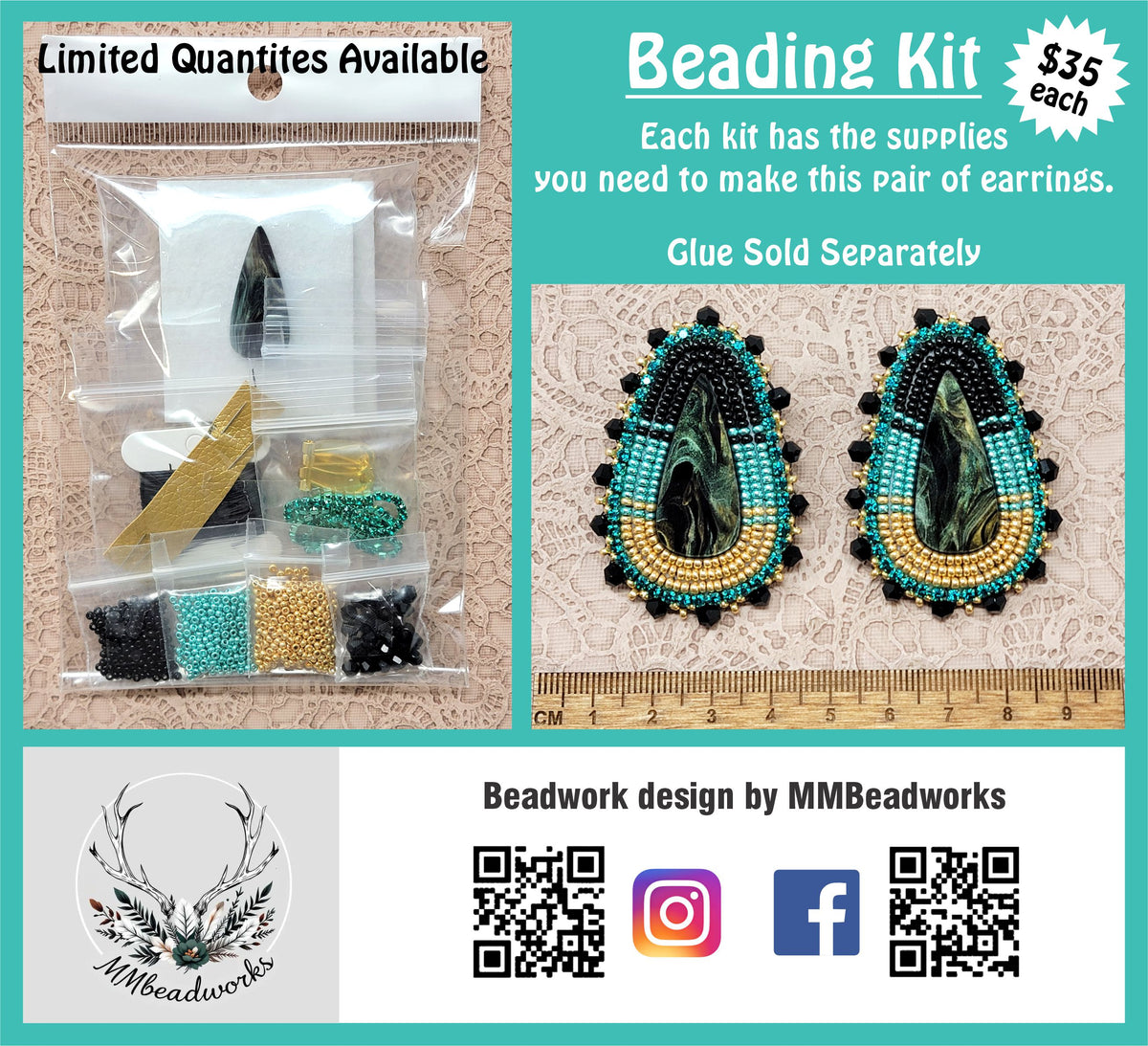 Beading kit bag of beads and supplies beside the finished black, gold and green marbled drop earrings it makes, with a ruler