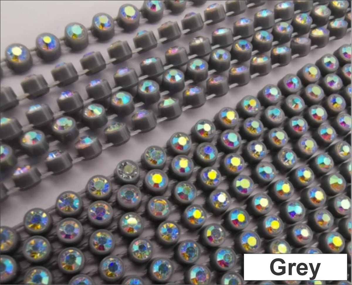 Close-up of rows of ss6 plastic cup rhinestone banding in grey with AB crystal stones