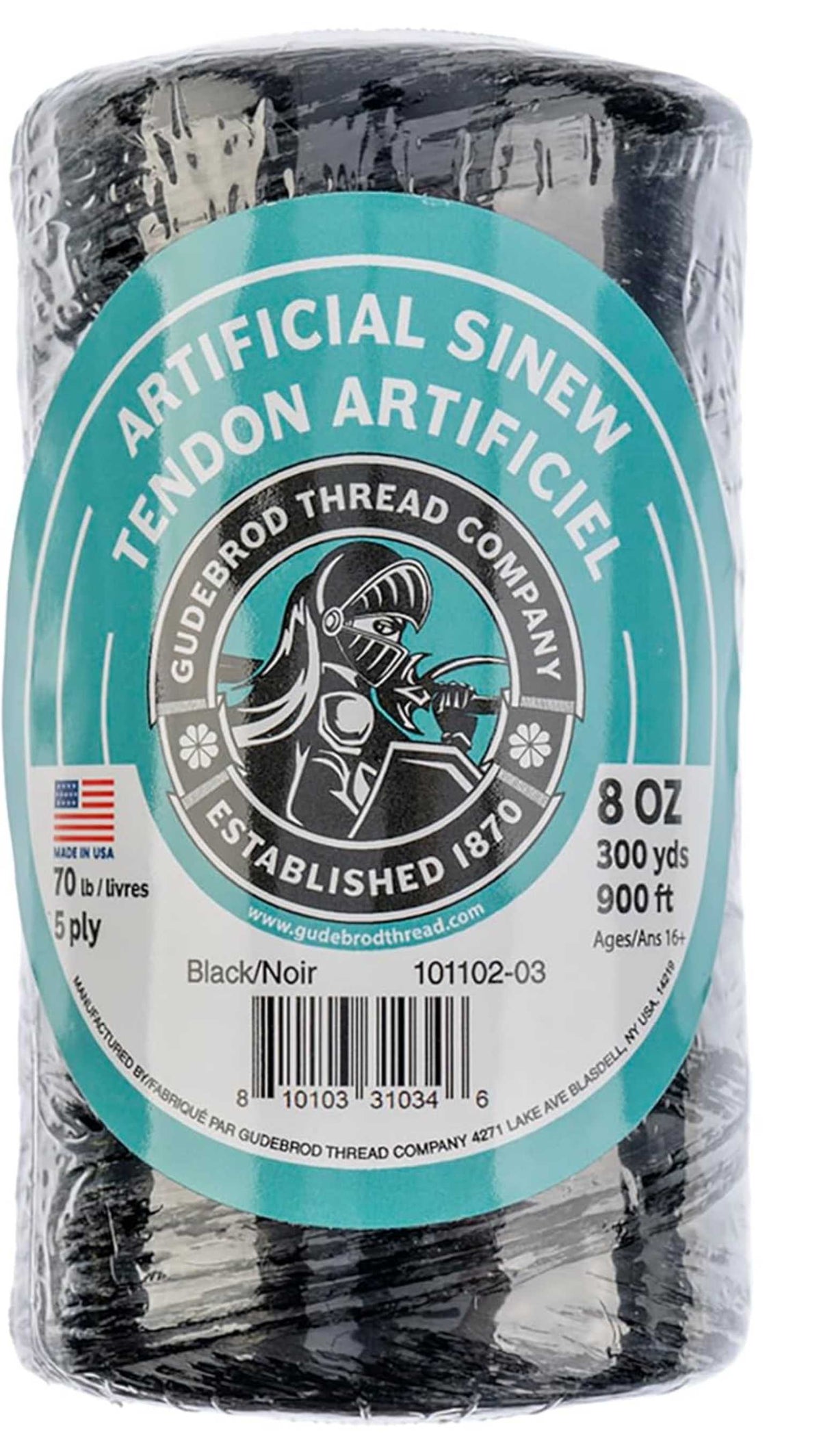 Large 8oz spool of black Gudebrod artificial sinew with the round label