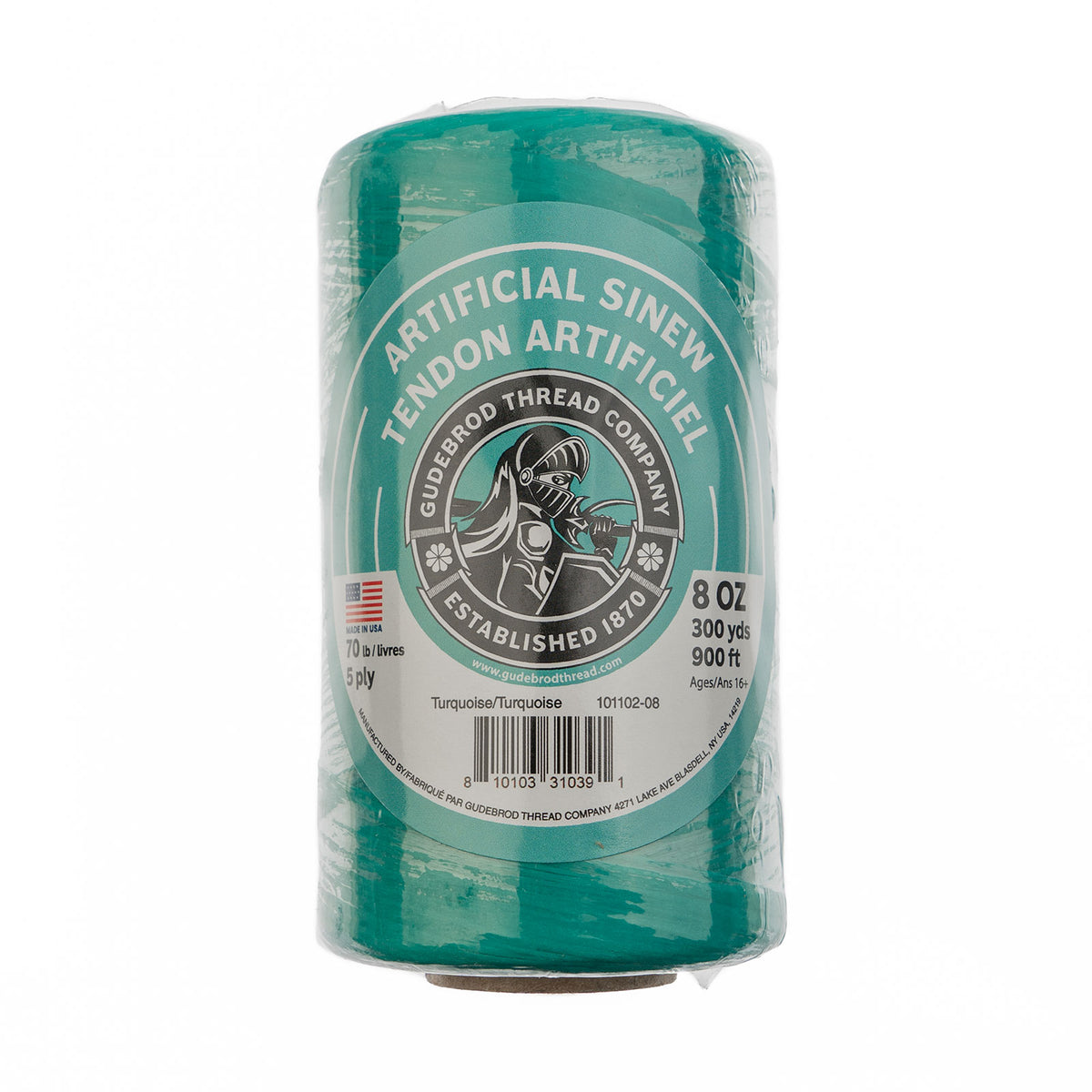 Spool of turquoise Gudebrod artificial sinew with the round label