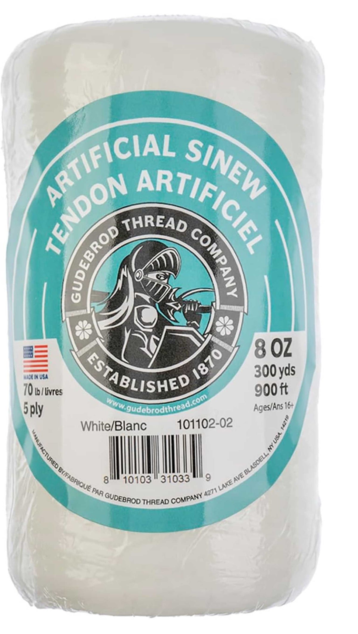 Large 8oz spool of white Gudebrod artificial sinew with the round label