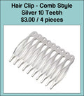 Card of silver 10-tooth comb hair clips, four pieces, with a printed header