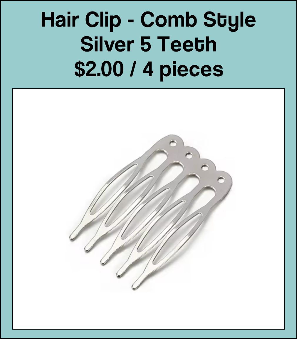 Card of silver 5-tooth comb hair clips, four pieces, with a printed header