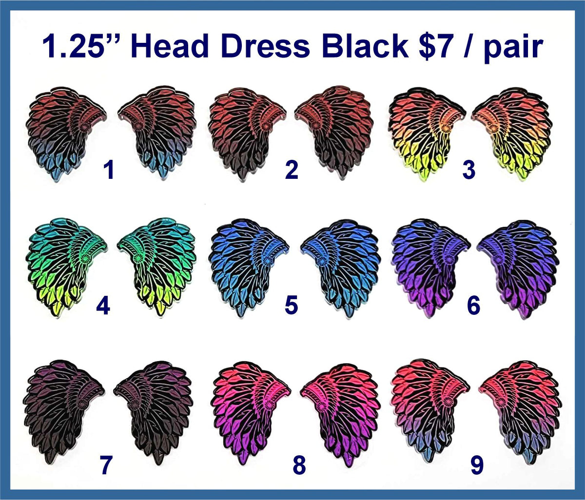 Black acrylic head dress cabochons, nine pairs with engraved feathers painted in bright colours