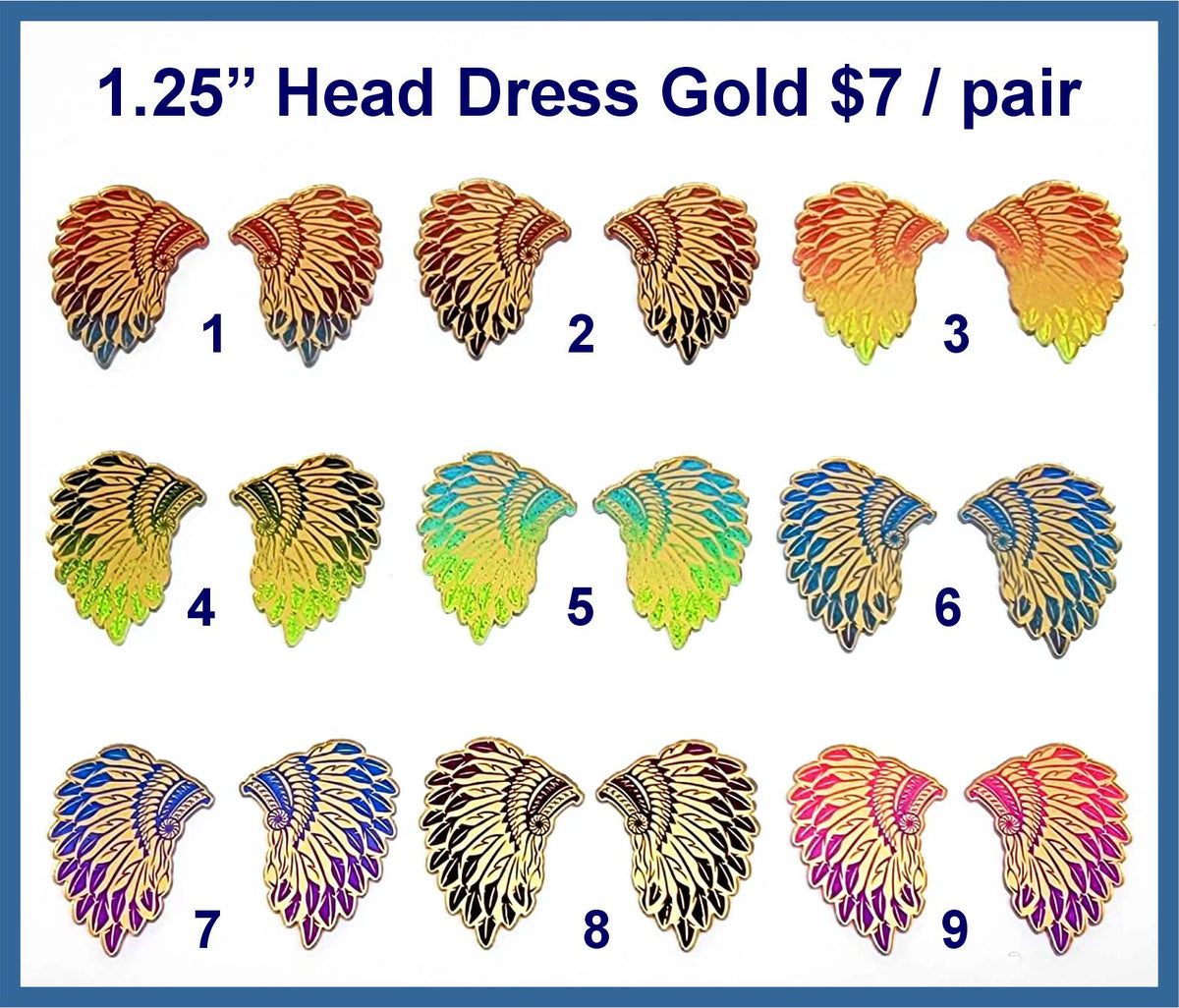 Gold acrylic head dress cabs, nine pairs with engraved feathers painted in bright colours