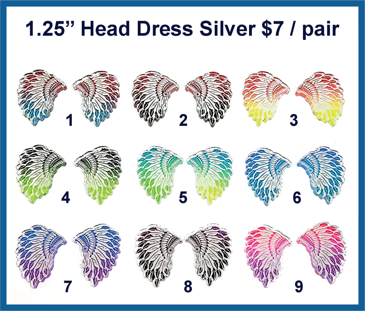 Nine pairs of 1.25 inch silver mirror acrylic head dress cabochons (cabs) with engraved feathers in bright colours