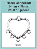 Silver-tone 14 x 15mm heart chandelier connector with five loops along the bottom