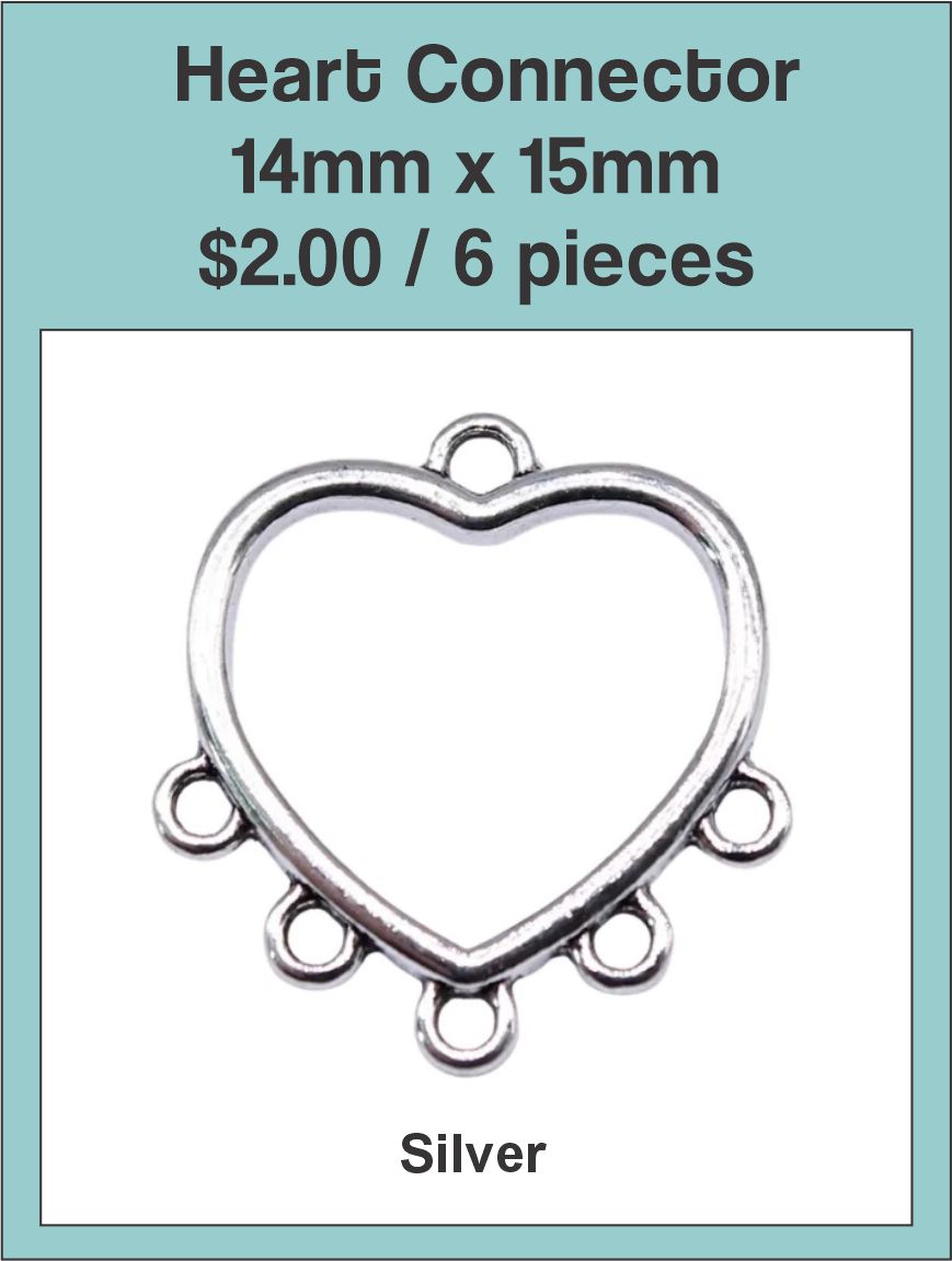 Silver-tone 14 x 15mm heart chandelier connector with five loops along the bottom