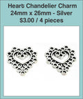 Two silver-tone 24 x 26mm heart chandelier charms with a lacy filigree design