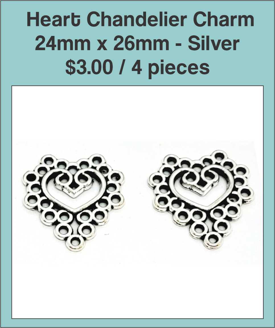 Two silver-tone 24 x 26mm heart chandelier charms with a lacy filigree design