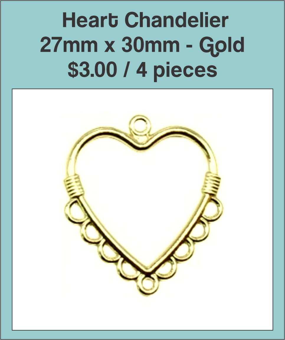 Gold-tone 27 x 30mm heart chandelier charm with loops along the lower edge
