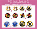 Six pairs of 0.75 inch round cabochons (cabs) printed with hockey team logos