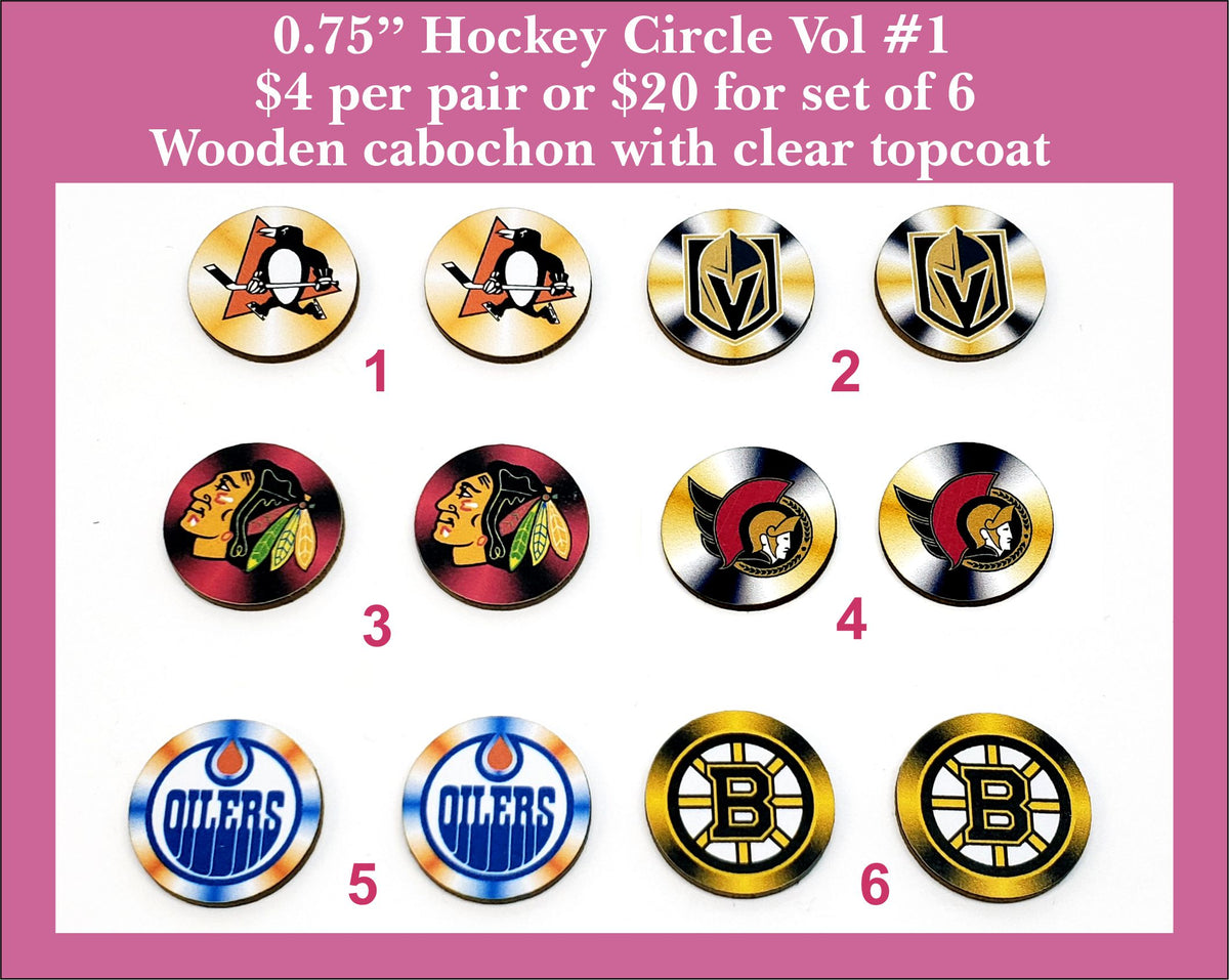 Six pairs of 0.75 inch round cabochons (cabs) printed with hockey team logos