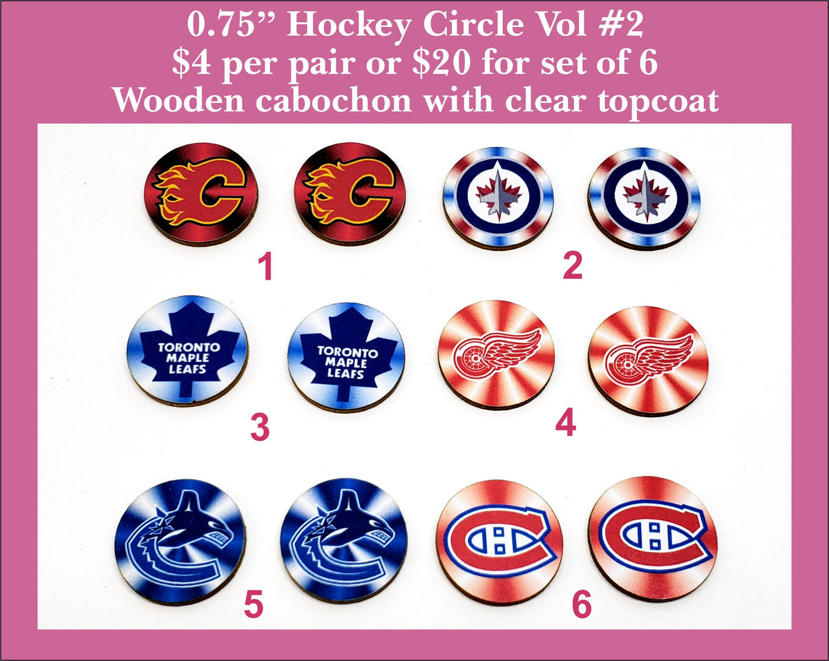 Six pairs of 0.75 inch round cabochons (cabs) printed with hockey team logos in red, blue and white
