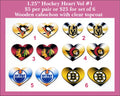 Six pairs of heart cabochons (cabs) printed with hockey team logos