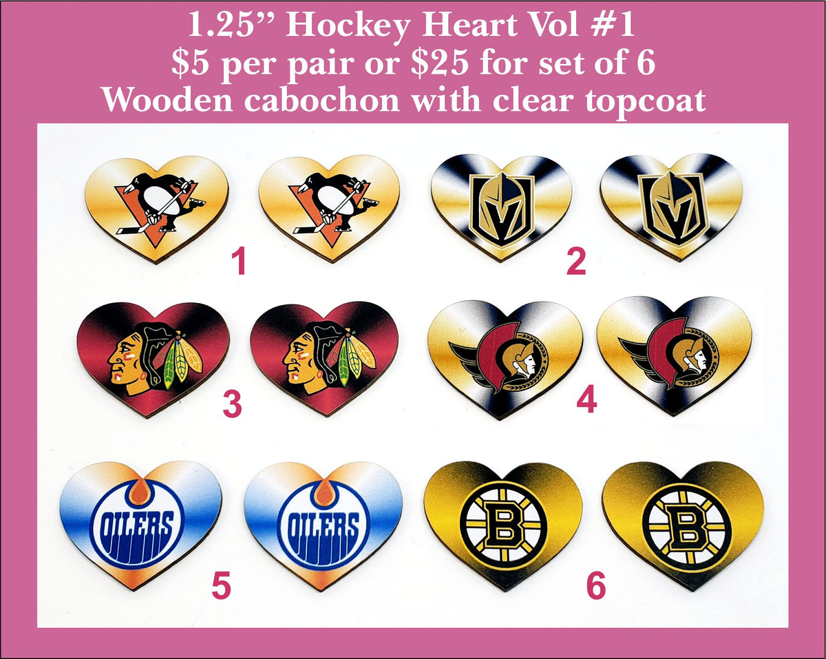 Six pairs of heart cabochons (cabs) printed with hockey team logos
