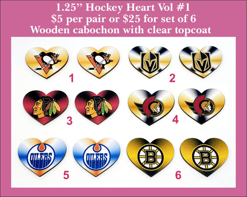 Six pairs of heart cabochons (cabs) printed with hockey team logos