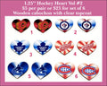 Six pairs of heart cabochons (cabs) printed with hockey team logos in red, blue and white
