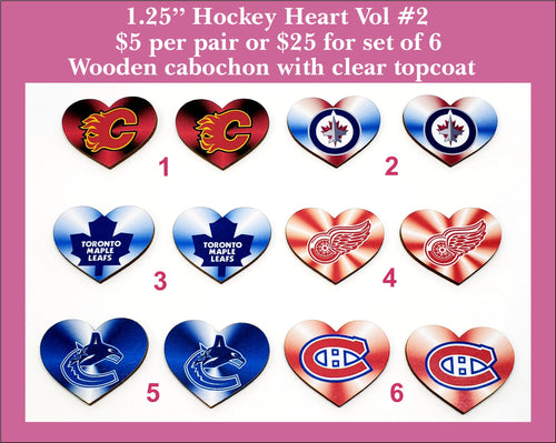 Six pairs of heart cabochons (cabs) printed with hockey team logos in red, blue and white